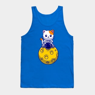 Cute Astronaut Cat Sitting On Moon Cartoon Tank Top